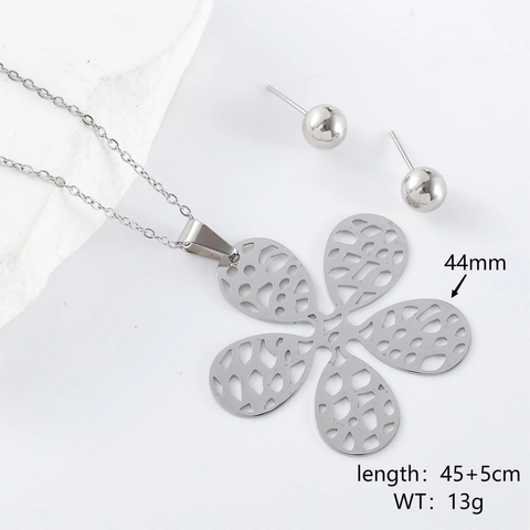 Juego de Joyas de Acero Inoxidable Con Flor de Pétalos Huecos Elegante Collar Con Colgante Y Pendientes de Botón de Bola