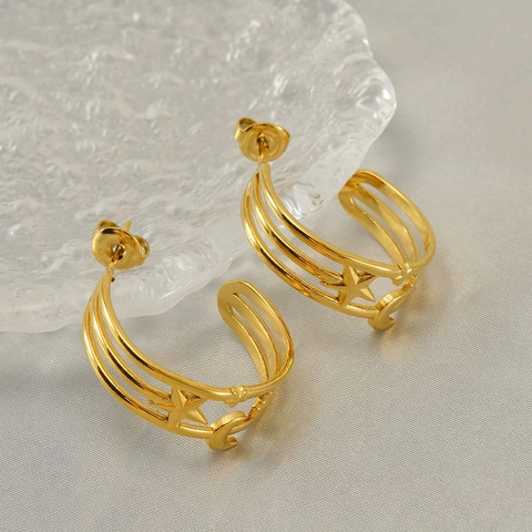 Goud Vergulde Roestvrijstalen Creolen Met Holle Ster En Maan C-Vormige Meerlaagse Geometrische Sieraden Voor Dames Minimalistisch