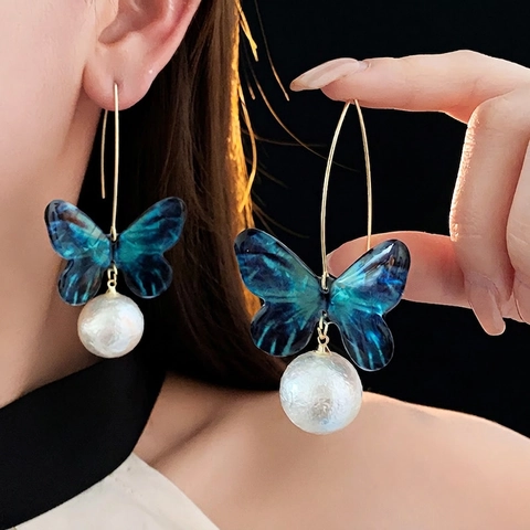 Pendientes Colgantes De Mariposa Azul Con Perla Artificial De Imitación Acrílico Y Pasador De Acero Diseño De Nicho Elegante