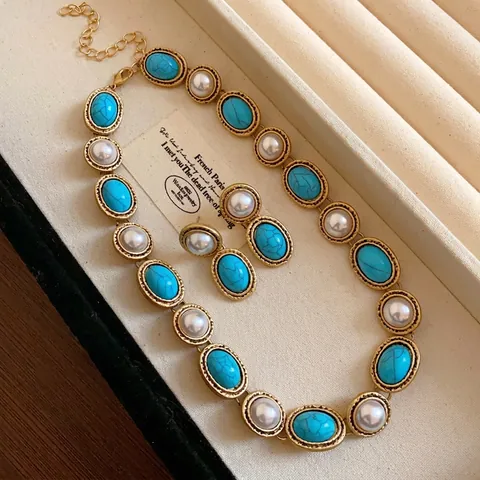 Vintage Jewelry Necklace And Earrings Alloy Resin Turquoise Artificial Pearl Silver Earring Post French Style Retro