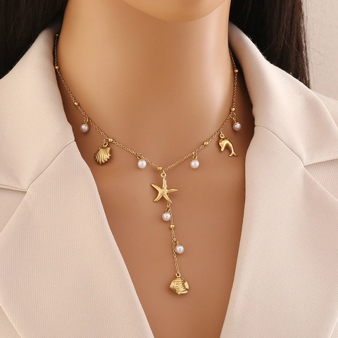 Roestvrijstalen Oceaan Thema Bedelketting Met Imitatieparels Dolfijn Zeester Schelp Octopus Schildpad Hangers Verguld