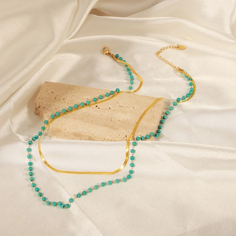 Women Double Layer Titanium Steel Necklace Fashion Gold Snake Chain Artificial Turquoise Bead Pendant Clavicle Chain Jewelry