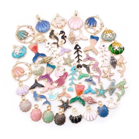 Ocean Theme Enamel Alloy Charms Mermaid Starfish Shell Fish Bone Pendants For DIY Jewelry Making Bracelet Necklace Accessories
