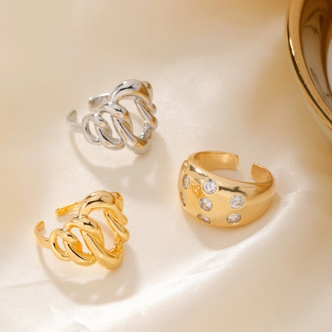 Irregular Chunky Copper Ring With Rhinestone Chic Twisted Braided Open Ring For Women Elegant Gold Silver Plated Jewelry