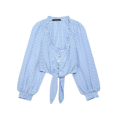 Gingham Geruite Blouse Dames Ruches V-Hals Lange Mouwen Knoopzoom Casual Polyester Shirt