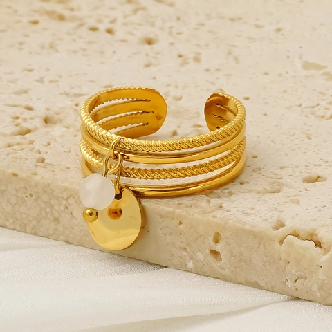 Multi Layer Open Ring 18K Gold Plated Stainless Steel Natural Stone Bead Round Disc Pendant Minimalist Jewelry For Women