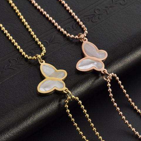 Minimalist Butterfly Mother-of-pearl Stainless Steel Double Layer Bead Chain Bracelet For Women Gold Rose Gold Jewelry