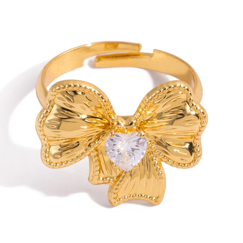 Strikje Hart Ring Roestvrij Staal Witte Zirkoon Verstelbare Open Band Romantische Zoete Sieraden Voor Vrouwen