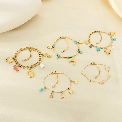 Bracciale In Acciaio Inossidabile Placcato Oro Con Ciondoli Oceano E Perline Turchesi Gioielli Di Moda Estate Animali Marini Cuore Lettera A