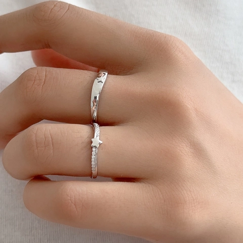 S925 Sterling Silver Star Couple Rings Set Adjustable Open Rhinestone Finger Ring For Women Men Romantic Fashion Jewelry