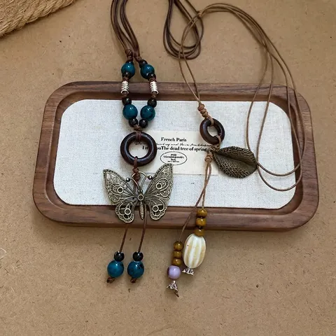Collana Lunga Etnica Boho Vintage Con Pendente A Farfalla In Lega Perline In Legno E Ceramica