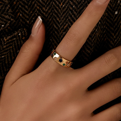 Zircon Adjustable Open Design Gold Plated Copper Ring Geometric Heart Flower Leaf Elegant Luxury Jewelry For Women