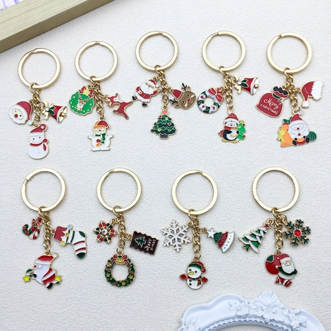 Porte-clés de Noël en Alliage de Zinc Dessin Animé Émaillé Strass Père Noël Renne Sapin Pendentif Cadeau de Vacances Anneau de Clé