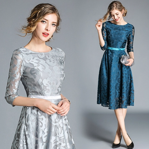Vestito Midi In Pizzo Ricamato Da Donna Elegante Mezza Manica Girocollo Slim Fit Linea A Abito Da Cocktail