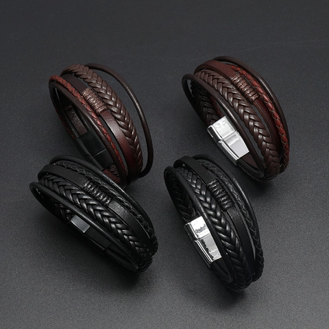 Mehrlagiges Geflochtenes Rindsleder Armband Mit Legierung Magnetverschluss Punk Vintage Stil Für Herren
