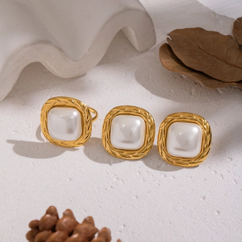 Vintage Square Artificial Pearl Stud Earrings And Ring Stainless Steel Waterproof Hypoallergenic Elegant Jewelry For Women