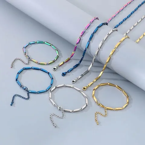 Collar Y Pulsera De Acero Inoxidable Cadena De Eslabones Geométricos De Bambú Joyería De Moda Minimalista Para Hombres Mujeres