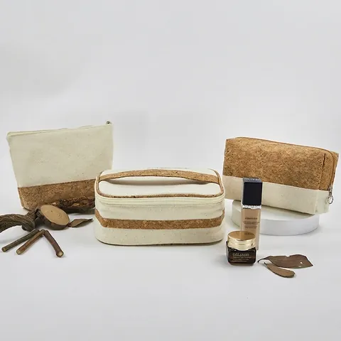 Bolsa De Maquillaje Lona Y Corcho Empalme Neceser Viaje Gran Capacidad Almacenamiento Cremallera Portátil Estilo Natural Simple