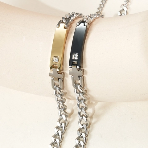 Titanium Steel Cross Pendant Bracelet With Rhinestone Inlaid Geometric Curved Plate For Men Women Fashion Jewelry Gift