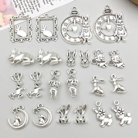 Antique Silver Easter Bunny Alloy Pendants Multiple Styles Rabbit Moon Clock Shapes For DIY Jewelry Making Keychain Pendant