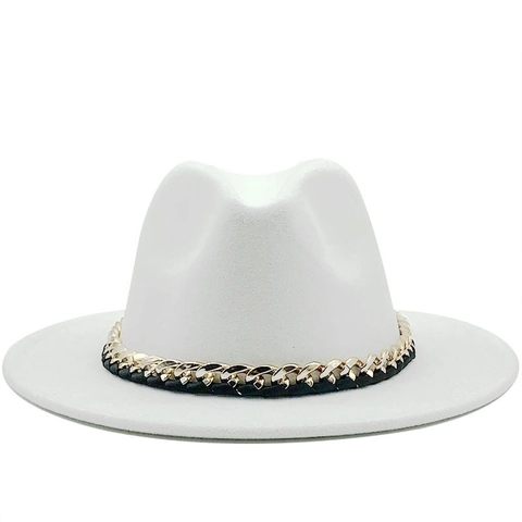 Chapeau Fedora À Bord Large Pour Femmes Hommes Feutre De Laine Jazz Avec Chaîne Dorée Style Vintage Élégant