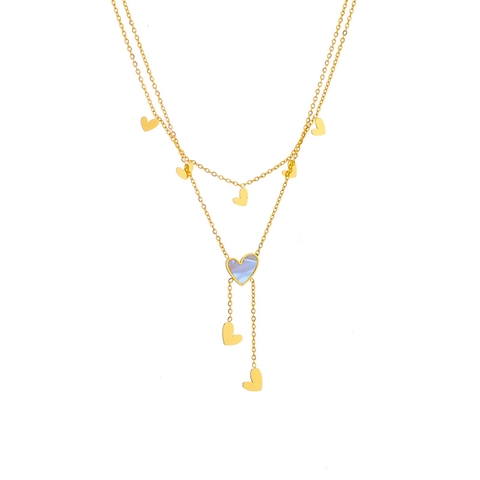 Collier Pendentif Cœur Double Couche Acier Titane Incrustation Nacre Forme Y Frange Doré Bijoux Mode Pour Femmes