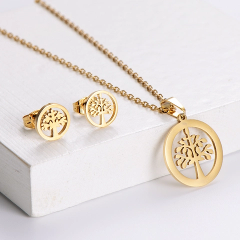 Gioielli Albero Della Vita Collana E Orecchini Acciaio Inossidabile Placcato Oro 18K Elegante Per Donna