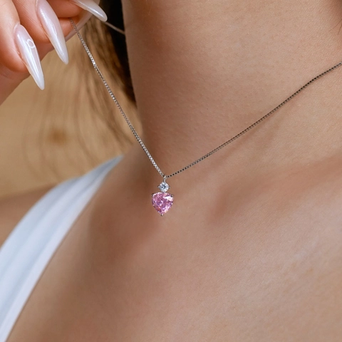 925 Sterling Silver Pink Heart Zirconia Pendant Necklace For Women Elegant Clavicle Chain Fashion Jewelry Accessory Gift