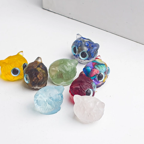 Mini Cat Head Figurine Natural Crystal Gravel Resin Ornament Cartoon Big Eyes Colorful Desktop Decor Home Decoration Gift