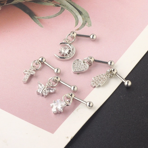 Orecchino Cartilagine Acciaio Inossidabile Zircone Cuore Croce Luna Stella Farfalla Mano Di Hamsa Barbell Piercing Gioielli