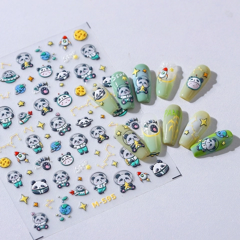 Space Panda Astronaut 3D Relief Nail Art Stickers Frosted Bronzing Shell Light Star Rocket Planet DIY Manicure Decor