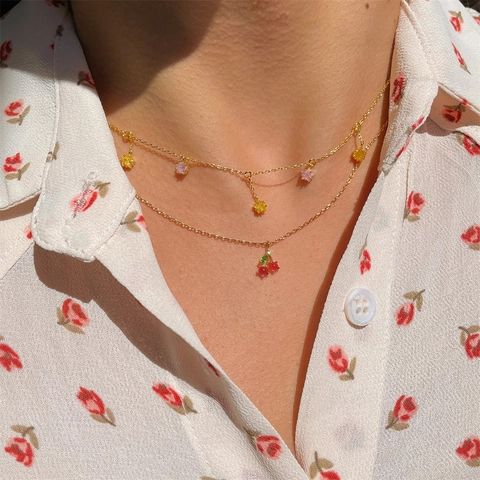 Collar Con Colgante De Frutas Cobre Chapado En Oro Zircón Colorido Cereza Durazno Sandía Estilo Dulce Verano Mujer