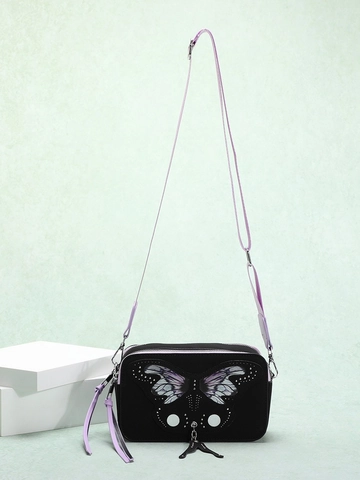 Butterfly Print PU Leather Crossbody Camera Bag With Adjustable Purple Strap Silver Rivets Gothic Dark Aesthetic Square Bag