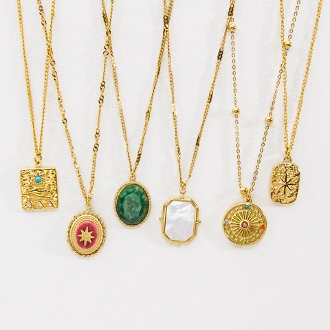 Collier Pendentif Vintage En Acier Inoxydable Pour Femmes Avec Pierre Naturelle Zircon Nacre Bijoux Style Rétro Français