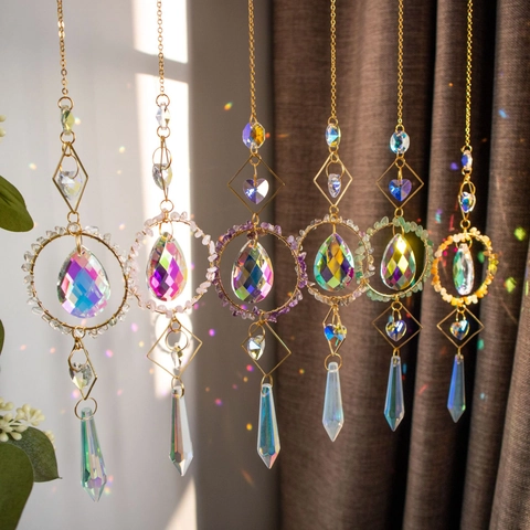 Crystal Suncatcher Hanging Ornament With Natural Stone And Metal Rainbow Maker Prism Window Garden Decor Handmade Prism