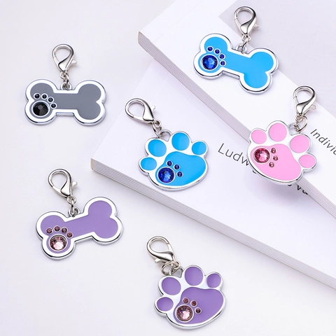 Pet ID Tags Bone Paw Shapes Zinc Alloy Enamel Rhinestone Pendants Lobster Clasp Dogs Cats Accessories