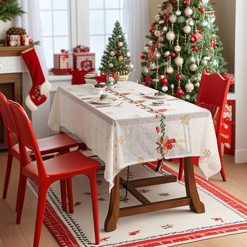Tovaglia di Natale in Poliestere Stile Americano Ricamata Fiocco di Neve Campana Fiocco Rettangolare Antipolvere Festiva Casa Tavolo da Pranzo Decor
