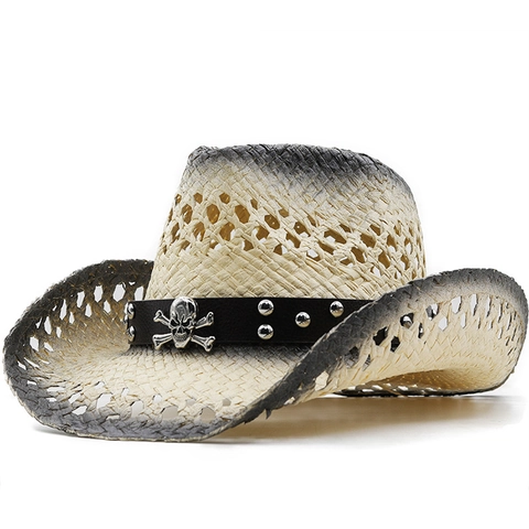 Western Cowboy Hat Natural Straw Gradient Hollow Breathable Wide Brim With Skull Rivets Leather Band Unisex