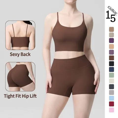 Spaghetti Strap Sport Bh En High Waist Shorts Yoga Outfit Nylon Spandex Ademende Gym Fitness Kleding Voor Dames