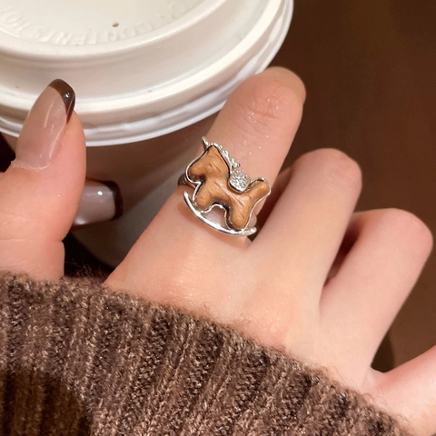Anello Aperto Cavallo A Dondolo Regolabile Legno Metallo Zircone Gioielli Animali Vintage Per Donne