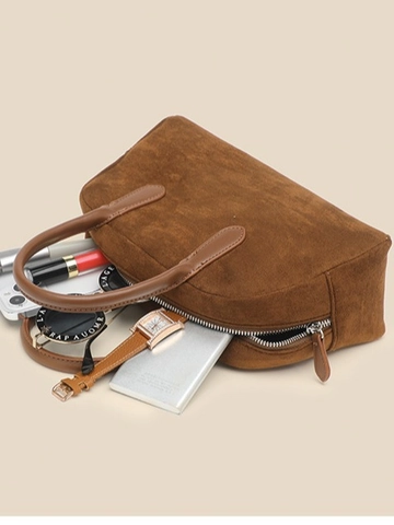 Women Suede Boston Handbag With PU Leather Handles Retro Simple Elegant Korean Style Bowling Bag For Daily Commute