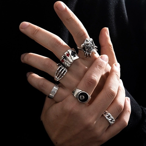 Vintage Gothic Alloy Rings Distressed Silver Tone Dark Punk Hip Hop Style Skull Snake Bat Poker Elements
