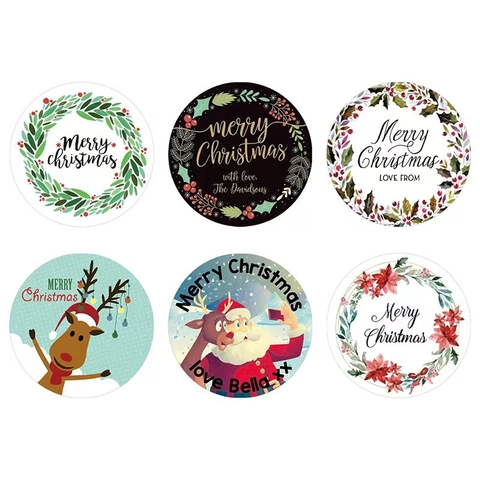 Merry Christmas Stickers Round Paper Decorative Labels For Holiday Gift Wrapping Santa Reindeer Snowman Pattern Party Favor