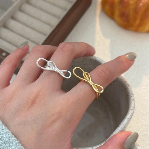 Bow-knot 925 Sterling Silver Open Ring Adjustable Ribbon Minimalist Korean Style Jewelry For Women