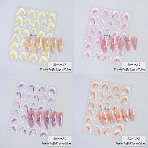 French Ruffle Edge Resin Nail Art Stickers Embossed Gradient Wave Pattern Ribbon Star Manicure Decals For DIY Nails