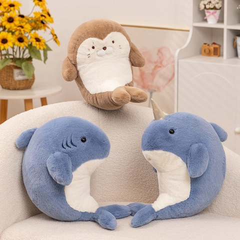 Plush Sea Animal Doll Soft Stuffed Shark Narwhal Seal Toy Curved Sleep Pillow For Kids Girls Cute Home Decor