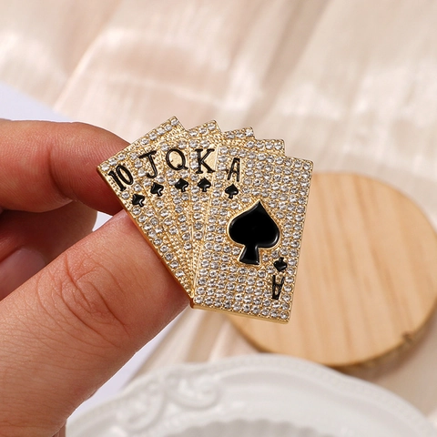 Poker Card Royal Flush Brooch Alloy Rhinestone Enamel Lapel Pin For Suit Fashion Jewelry Accessories Unisex