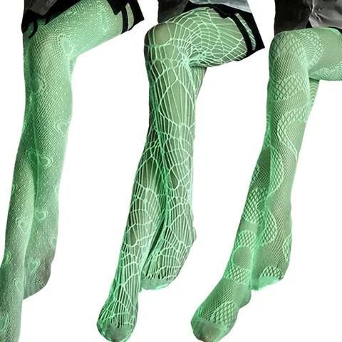 Bas Résille Lumineux Brillent Dans Le Noir Vert Néon Motif Ajouré Chaussettes Hautes Pour Femmes Halloween Fête Clubwear