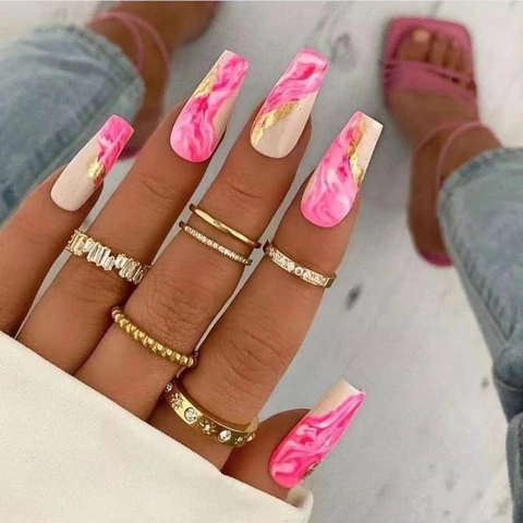 Coffin Press On Nails Lang Roze Marmer Design Goudfolie Glitter Kunstnagels Franse Stijl Voor Vrouwen Manicure