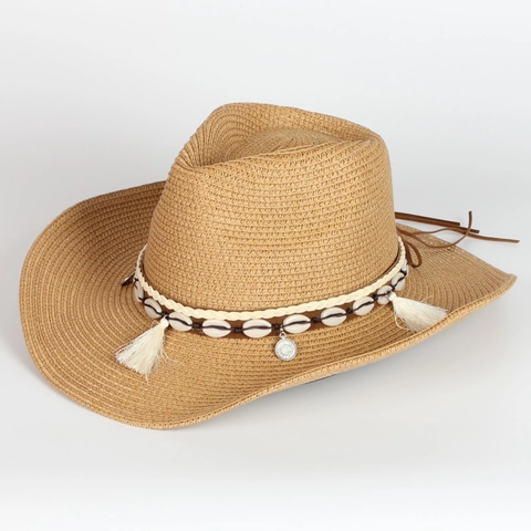 Bohemian Straw Cowboy Hat With Shells Tassels Metal Pendant Sun Protection Foldable Beach Vacation Women Men